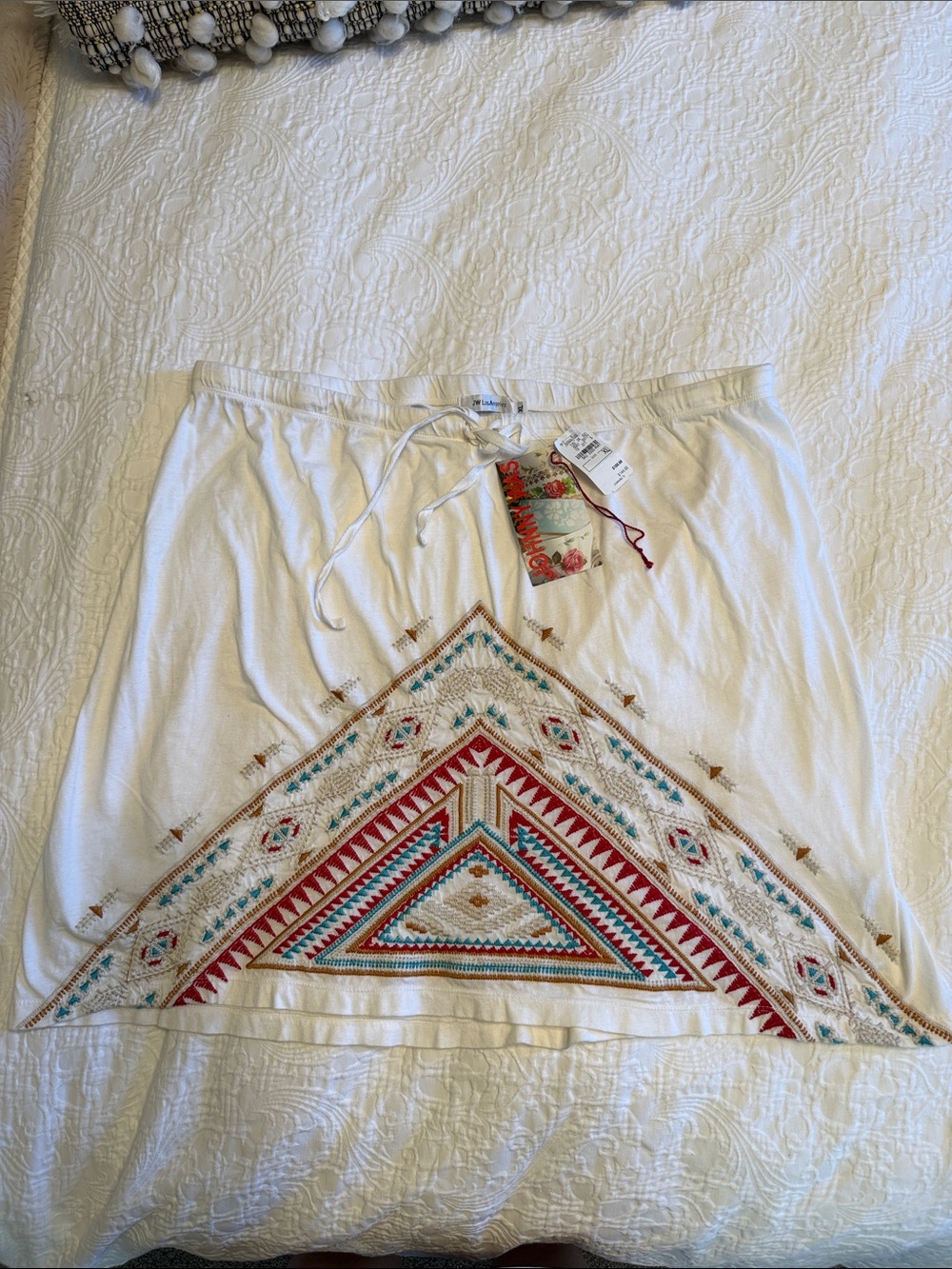 Johnny Was White Drawstring Waist Skirt with Red Accents